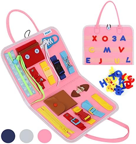 Esjay Busy Board for Toddlers, Montessori Toys to Learn Fine Motor Skill, Sensory Board, Toys Gifts Girls Boys 3+ Year Old, Toddler Learning Activities for Travel Airplane,Pink Alphabet