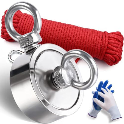 DIYMAG Strong Double Side Neodymium Fishing Magnets,550 lbs(249 KG) Pulling Force Rare Earth Magnet with 20m (65 Foot) Durable Rope and Protective Gloves,for Retrieving in River and Magnetic Fish