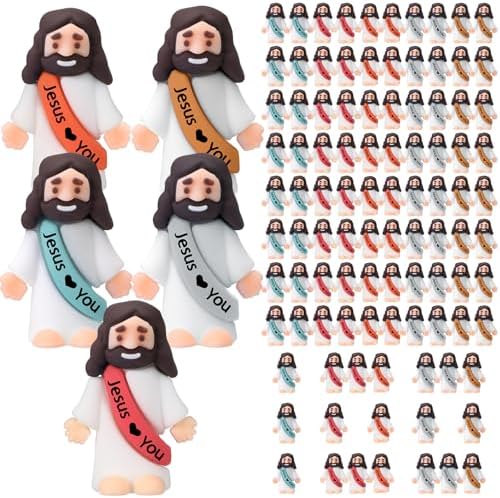 Bememo 100 Pcs Little Jesus Figures Jesus Loves You Original Design Rubber Pocket Toys Little Figures to Hide and Seek Sunday School Religious Party Share Gifts(Bohemian Color)