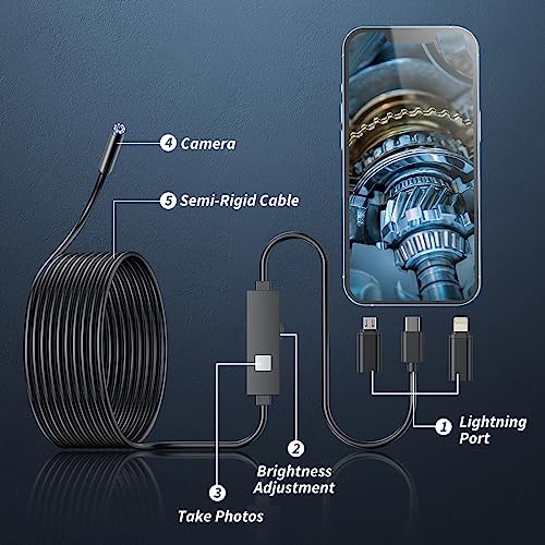 Endoscope Camera with Light,1920P HD Borescope Tools with 8 Adjustable LED Lights, Endoscope with Semi-Rigid Snake Camera, Inspection Borescope for iOS and Android-16.4ft Single Lens