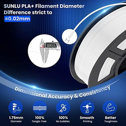 SUNLU 3D Printer Filament PLA Plus 1.75mm 2KG, SUNLU Neatly Wound PLA Filament 1.75mm PRO, PLA+ Filament for Most FDM 3D Printer, Dimensional Accuracy +/- 0.02 mm, 1 kg Spool, 2 Packs, White+White