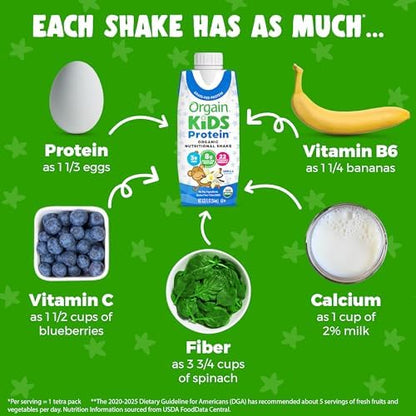 Orgain Organic Kids Protein Nutritional Shake, Vanilla - 8g of Protein, 22 Vitamins & Minerals, Fruits & Vegetables, Gluten Free, Soy Free, Non-GMO, 8.25 Oz, 12 Ct (Packaging May Vary)