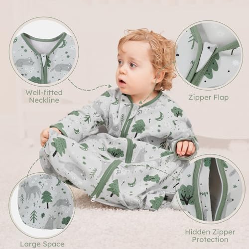 Yoofoss Baby Sleep Sack 6-12 Months Long Sleeve Wearable Blanket Baby 100% Organic Cotton 2-Way Zipper 0.5 Tog Infants Sleeping Sack, Lightweight(Medium)