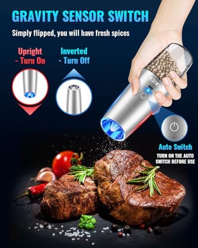 Rechargeable Electric Pepper and Salt Grinder Set, No Battery Needed, whit Gravity Sensing Switch and LED Light, One Hand Automatic Operation, Sliver 2 Pack
