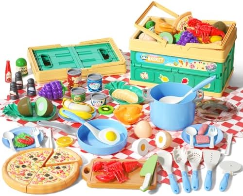 80Pcs Kitchen Playset, Toddler Pretend Cooking with Pots, Pans, Cookware, Food, Picnic Blanket, Fruits, Veges, Shopping Storage Basket, Dessert, Learning Gift for Girls Boys (Blue)