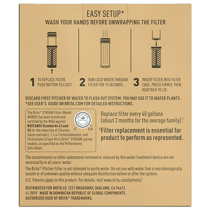 Brita Stream Pitcher Water Filter for Pitchers and Dispensers, BPA-Free, Replaces 1,800 Plastic Water Bottles a Year, Lasts Two Months or 40 Gallons, Includes 2 Filters