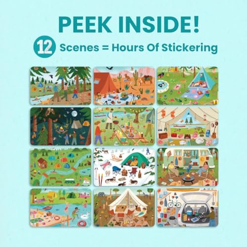 CUPKIN Sticker Book for Kids 2-4, 500+ Kids Stickers, Camping Stickers 12 Coloring Pages 12 Side by Side Scenes, Fun Toddler Travel Activity Coloring and Sticker Books for Ages 4-8 + 8-10