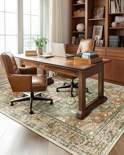 Area Rugs 5'x7' Washable Non-Slip, Floral Vintage Distress Print Pattern Medallion Carpet for Living Room Bedroom Dining Room, Brick Red Rust Neutral Brown Burnt Orange Green