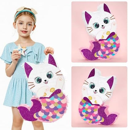 WERNNSAI Cat Piñata - Kitten Mermaid Birthday Party Decorations Kids Mermaid Pinata with Blindfold and Bat for Girls Summer Under the Sea Birthday Party Supplies Game Set