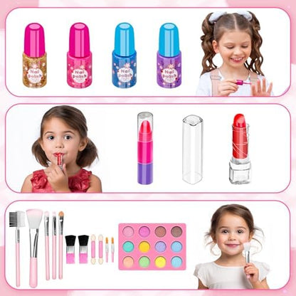 58Pcs Kids Makeup Kit for Girl - Real Washable Cosmetic Set with Light Up Mirror - Kids Makeup Sets for Girls -Play Make Up Birthday for Age 3 4 5 6 7 8 9 10 11 12 Years Old Kid -Pink