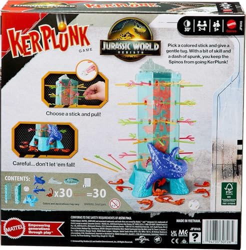 Mattel Games Kerplunk Jurassic World Rebirth Game for Kids & Family with Ocean Tower and Spinosaurus Figures Inspired by The Movie