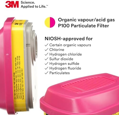 3M P100 Respirator Cartridge/Filter 60923, 1 Pair, NIOSH Approved, Helps Protect Against Organic Vapors, Acid Gases, and Particulates, Magenta, Yellow