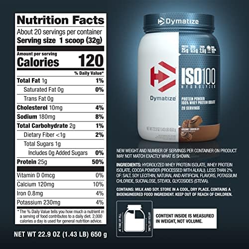 Dymatize ISO100 Whey Protein Powder Isolate, Gourmet Chocolate, 25g of Protein, 20 Servings, 5.5g BCAAs, Less Than 120 Cal., Gluten Free, 1g Fat, 1g Sugar, 2g Carb