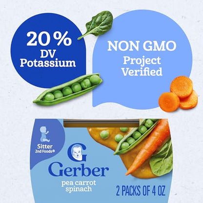 Gerber 2nd Foods Pea, Carrot & Spinach Pureed Baby Food, 4 Ounce Tubs, 2 Count (Pack of 8)