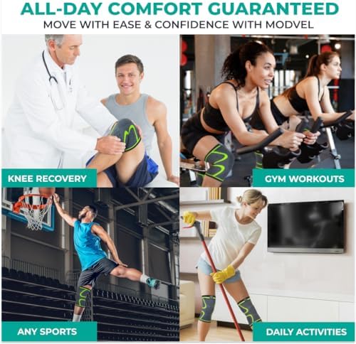 Modvel Compression Knee Brace for Women & Men - 2 Pack Knee Brace for Women Running Knee Pain, Knee Support Compression Sleeve, Workout Sports Knee Braces for Meniscus Tear ACL & Arthritis Pain Relief