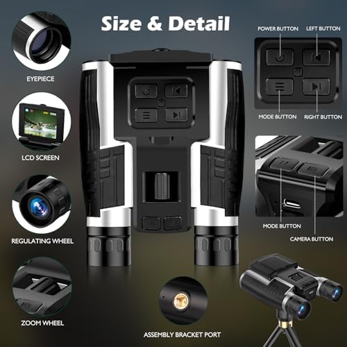 Digital Binoculars Camera, 2.4" LCD Display 12x Optical Zoom 8X Digital Zoom 48MP Pictures 2.5K Videos Camera with 32GB Card, Binoculars for Bird Watching Hunting Outdoor Adventures (DT40)