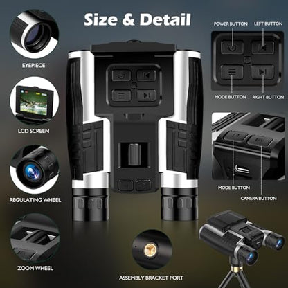Digital Binoculars Camera, 2.4" LCD Display 12x Optical Zoom 8X Digital Zoom 48MP Pictures 2.5K Videos Camera with 32GB Card, Binoculars for Bird Watching Hunting Outdoor Adventures (DT40)