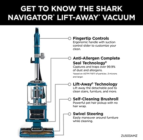 Shark Upright Vacuum, Navigator Lift-Away with Self-Cleaning Brushroll, HEPA Filter, Swivel Steering, Upholstery Tool & Pet Crevice Tool, Perfect for Pets & Multi-Surface, Teal, ZU503AMZ