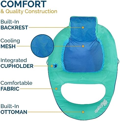 SwimWays Spring Float Recliner Chair for Swimming Pool, Inflatable Pool Floats Adult with Fast Inflation, Cup Holder & Foot Rest for Ages 15 & Up, Aqua