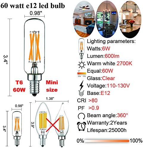 LiteHistory LED Bulb Dimmable 6W Equal Warm White 2700K T6 T25 E12 Candelabra Bulb 60 watt for Chandeliers,Ceiling Fan,Pendant,Wall sconces AC120V 600LM e12 Light Bulb 6Pack