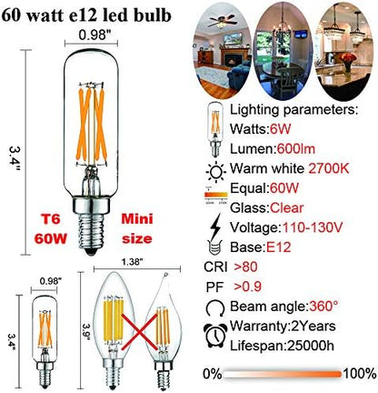 LiteHistory LED Bulb Dimmable 6W Equal Warm White 2700K T6 T25 E12 Candelabra Bulb 60 watt for Chandeliers,Ceiling Fan,Pendant,Wall sconces AC120V 600LM e12 Light Bulb 6Pack