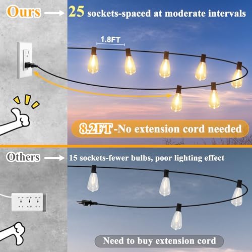 Brightever 50FT Outdoor String Lights Waterproof, 2700K Bright LED Patio Lights with 27 ST38 Shatterproof Vintage Bulbs, Retro Connectable Edison String Lights for Outside, Garden, Balcony, Porch