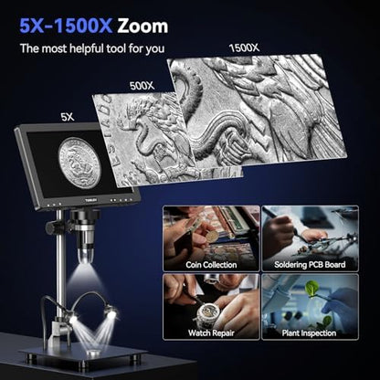 TOMLOV DM9 Max Digital Microscope: 20MP 10.1" 1500X HD IPS HDMI Coin Microscope Magnifier for Error Coins with Screen, LCD Soldering Microscopes for Adults, 10 LED Lights, PC/TV Compatible, 64GB
