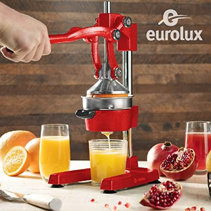 Eurolux Cast Iron Citrus Juicer | Extra-Large Commercial Grade Manual Hand Press | Heavy Duty Countertop Squeezer for Fresh Orange Juice (Bonus Stainless Steel Cup) (Red)
