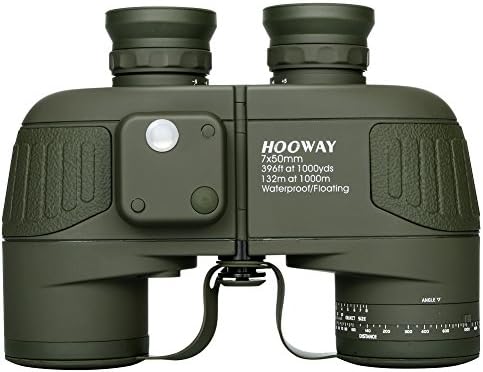Hooway 7x50 Waterproof Floating Marine Binocular w/Internal Rangefinder & Compass for Navigation,Boating,Bird Watching and More(Army Green