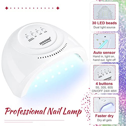 JODSONE 60 PCS Gel Nail Polish Starter Kit With U V Light 55 Kinds Of Color Glitter Gel Polish No Wipe Base And Glossy Matte Top Coat Easy To Apply