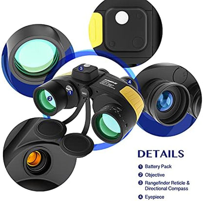 AOMEKIE Marine Binoculars for Adults 7X50 Military Waterproof Binoculars with Illuminated Rangefinder Compass BAK4 Prism IPX7 Fogproof for Boating Navigation Hunting Fishing Water Sports