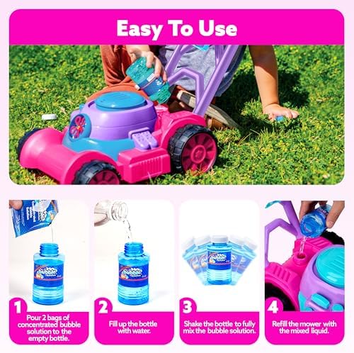 SLOOSH Bubble Lawn Mower Toddler Toys - Kids Bubble Machine Summer Outdoor Push Toy Games, Backyard Garden Outside Play Toddlers Preschool Boys Girls Birthday Gifts (Pink)