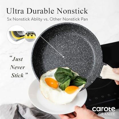 CAROTE Non Stick Frying Pan Skillet, Nonstick Granite Fry Pan with Glass Lid, Egg Pan Omelet Pans, Stone Cookware Chef's Pan, PFOA Free (Classic Granite, 10-Inch)