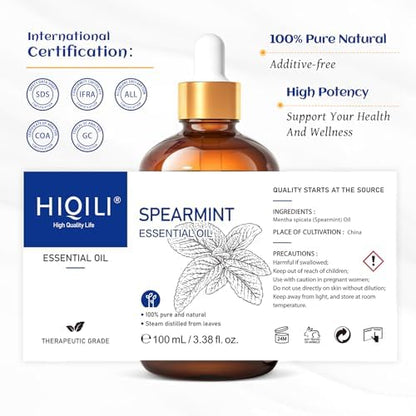HIQILI 100ML Spearmint Oil for Skin Care, Facial, Can be Added to Lotions, Creams -100% Pure Natural Treatment Grade - 3.38 Fl Oz