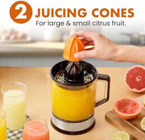 Elite Gourmet ETS740 BPA-Free Electric Citrus Juicer with 2 Cones, Compact, Large Volume, Pulp Control, Oranges, Lemons, Limes, Grapefruits with Easy Pour Spout, 1.2L, Black/Stainless Steel