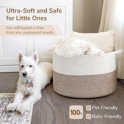 INDRESSME XXXLarge Cotton Rope Basket 21.7" x 21.7" x 13.8" Woven Baby Laundry Blanket Basket Toy Baskets with Handle Storage Comforter Cushions Thread Laundry Hamper Home Decor Living Room