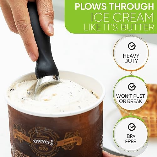 Spring Chef Ice Cream Scoop with Soft Grip Handle, Professional Heavy Duty Sturdy Scooper, Premium Kitchen Tool for Cookie Dough, Gelato, Sorbet, Black, 2 Pack