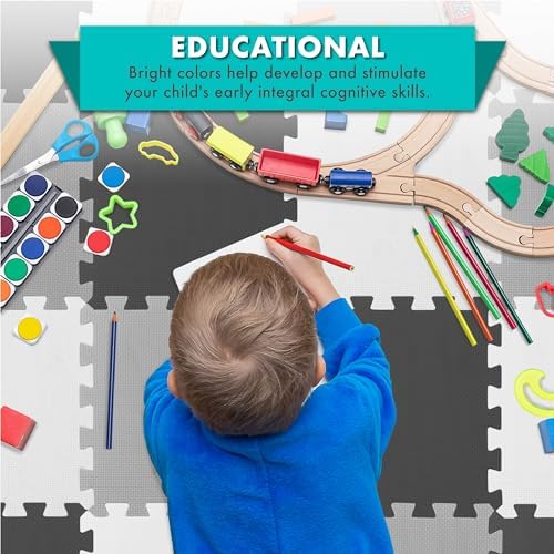 ProSource Foam Puzzle Floor Play Mat for Kids and Babies with Solid Colors, 36 or 16 Interlocking Tiles with Borders, Black/Grey/White