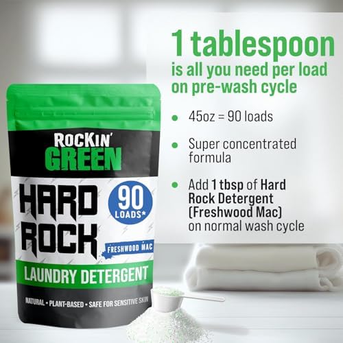 Rockin' Green Hard Rock Laundry Detergent for Hard Water (90 Loads), Plant based, Natural Laundry Detergent Powder, Biodegradable Odor Fighter, Safe for Sensitive Skin, 45 oz (Freshwood Mac)