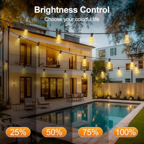 Outdoor String LED Patio Lights - 100Ft 30M Outside Waterproof Light with Remote Dimmable ST38 Shatterproof Bulb Connectable Hanging Outdoor Electric Lighting for Backyard Yard Gazebo Porch Party