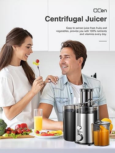 Qcen Juicer Machine, 800W Centrifugal Juicer Extractor with Wide Mouth 3” Feed Chute for Fruit Vegetable, Easy to Clean, Stainless Steel, BPA-free (Black)