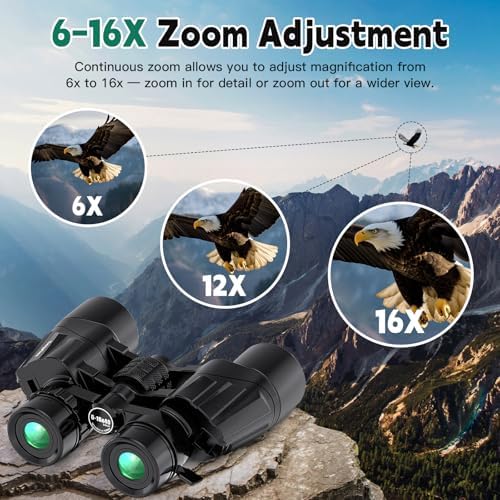 6-16x40 HD Zoom Binoculars for Adults, High Powered, Large View, BAK4 Prism, Waterproof, Clear Low Light Vision for Bird Watching,Hiking, Travel
