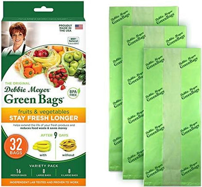 Debbie Meyer, GreenBags 32-Pack (16M, 8L, 8XL) | Reusable Storage Bags Keeps Fruit, Vegetables, Produce, Cut Flowers Fresh Longer, Kitchen & Fridge Preservation Solution, BPA Free, Made in the USA
