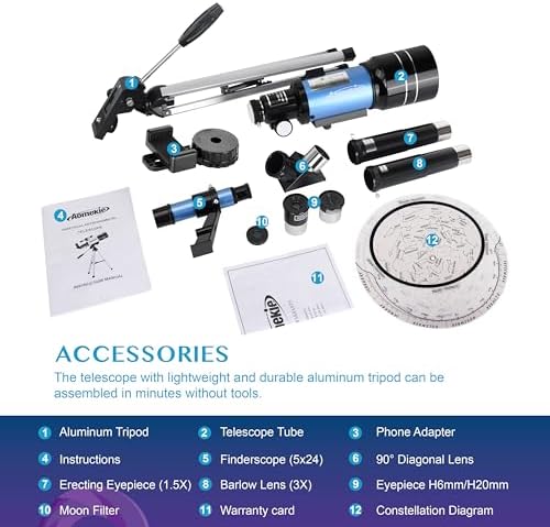 AOMEKIE Telescopes,70mm Aperture 300mm Table Tripod, Astronomical for Beginners,2 Eyepieces 150X with Smartphone Adapter Moon Filter 3X Barlow