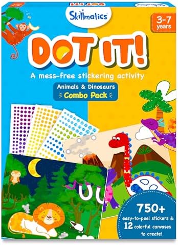 Skillmatics Dot It Sticker Art - Animals & Dinosaurs Combo, Mess-Free Fun for Kids, 750+ Stickers, Craft Kits, DIY Scrapbooking Activity, Travel Toys, Gifts for Ages 3, 4, 5, 6, 7