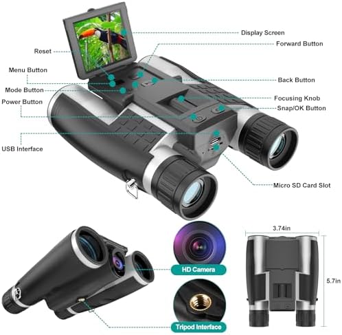 ZZSTAR 12x32 Binoculars for Adults, Large View, Portable High Powered Binoculars with Camera, FMC & BAK4 Prism Lens, 2" LCD Display 5MP 1080P Video Photo Recorder for Bird Watching Sport, Silver