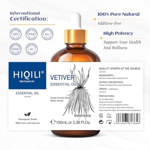 HIQILI 100ML Vetiver Essential Oil, 100% Pure Natural for Diffuser Calm and Relation- 3.38 Fl Oz