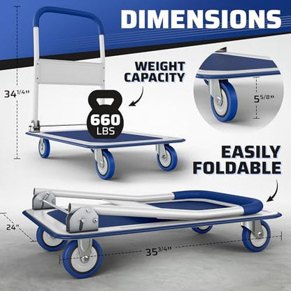 Heavy Duty Foldable Push Cart Dolly | 660 lbs. Capacity | Upgraded Collapsible Hand Truck Platform with Swivel Wheels | Flat Bed Moving Wagon | Space Saving Push Handle (Blue)