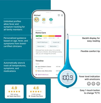 Kinsa Smart,Fever, Digital Medical Baby, Kid and Adult Termometro - Accurate, Fast, FDA Cleared Thermometer for Oral, Armpit or Rectal Temperature Reading - QuickCare