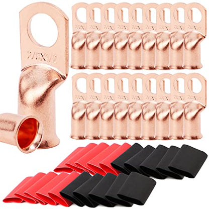 TKDMR 20pcs 2/0 AWG-1/2 Battery Lugs,Heavy Duty Wire Lugs,Ring Terminals,Battery Cable Ends,00 Guage terminals,Battery Terminal Connectors with 20pcs 3:1 Heat Shrink Tubing